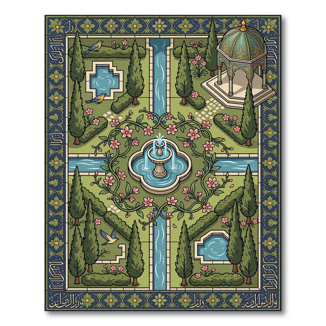 Green Courtyard Fountain Floral Garden Rug