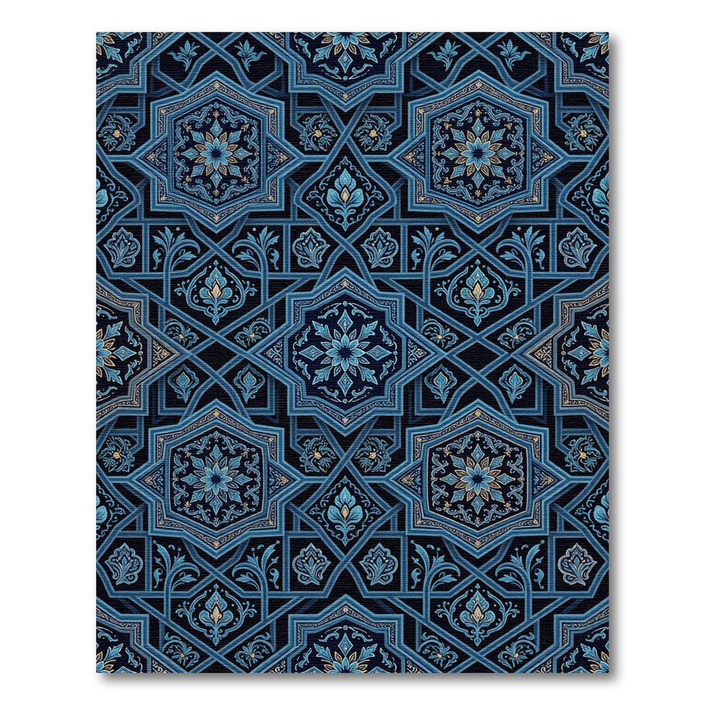 Deep Blue Geometric Star Floral Rug