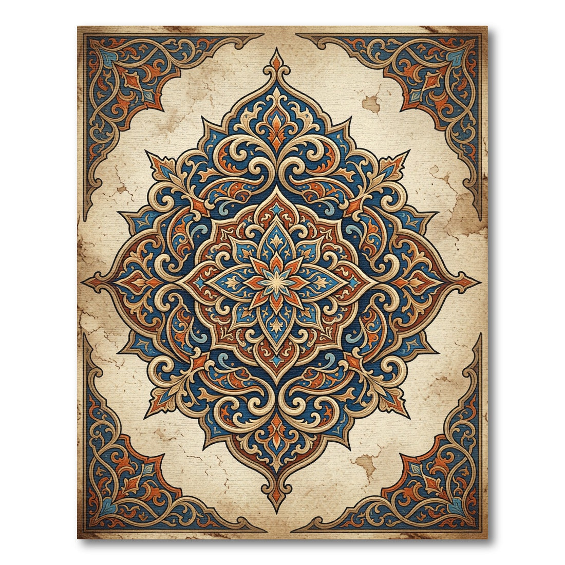 Ornate Blue and Copper Floral Medallion Rug