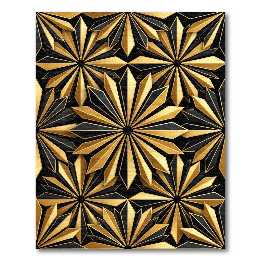 Modern Gold Black Geometric Sunburst Art Rug