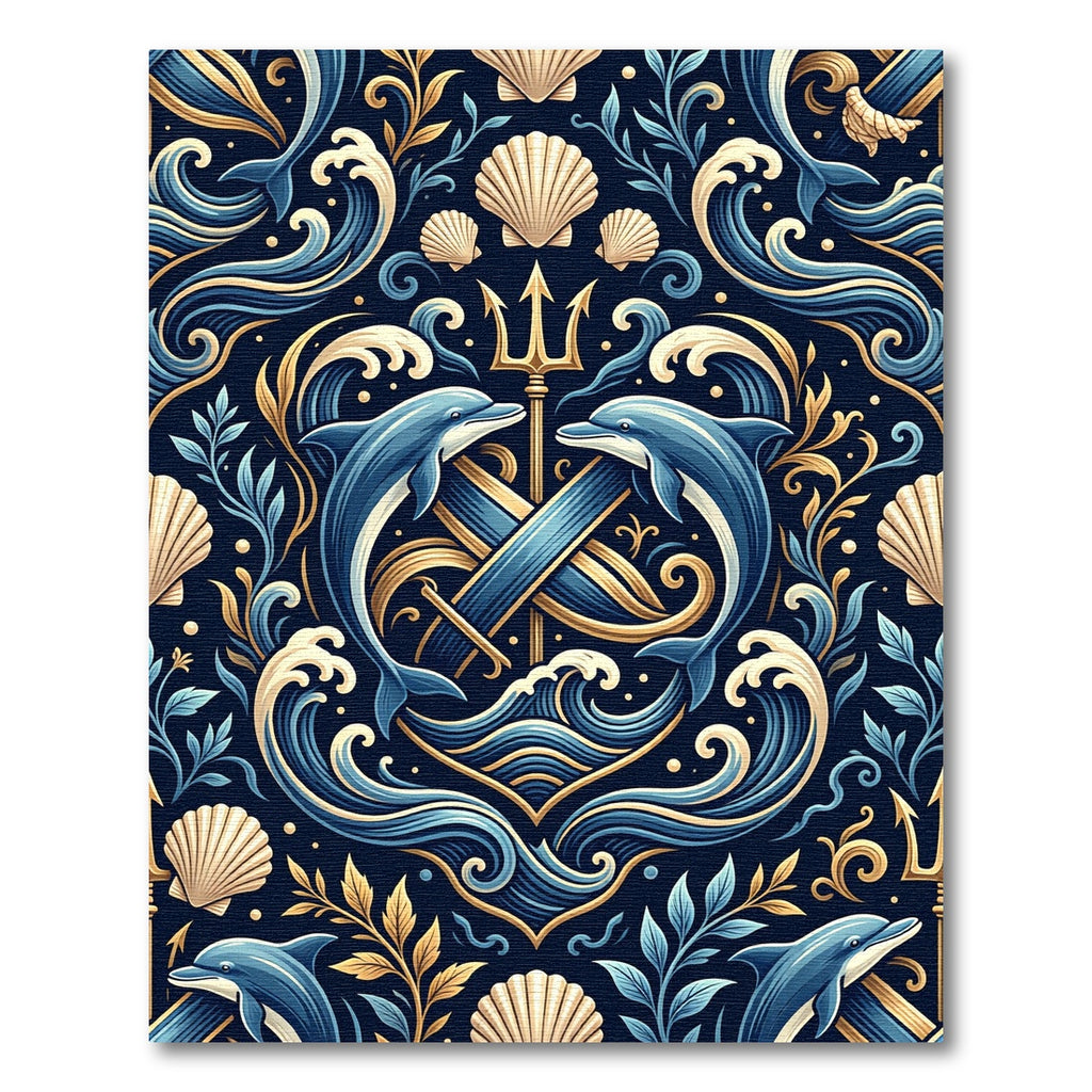 Golden Trident Dolphin Coastal Navy Medallion Rug
