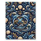 Golden Trident Dolphin Coastal Navy Medallion Rug
