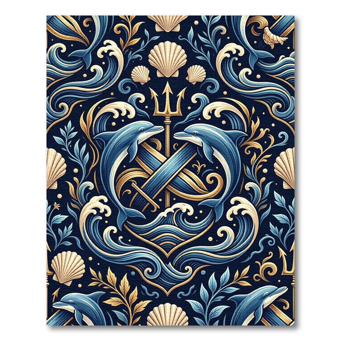 Golden Trident Dolphin Coastal Navy Medallion Rug