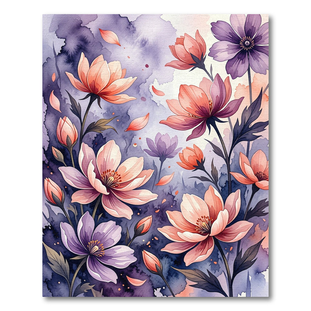 Watercolor Purple and Peach Floral Garden Rug