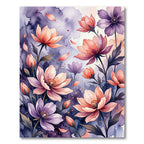 Watercolor Purple and Peach Floral Garden Rug