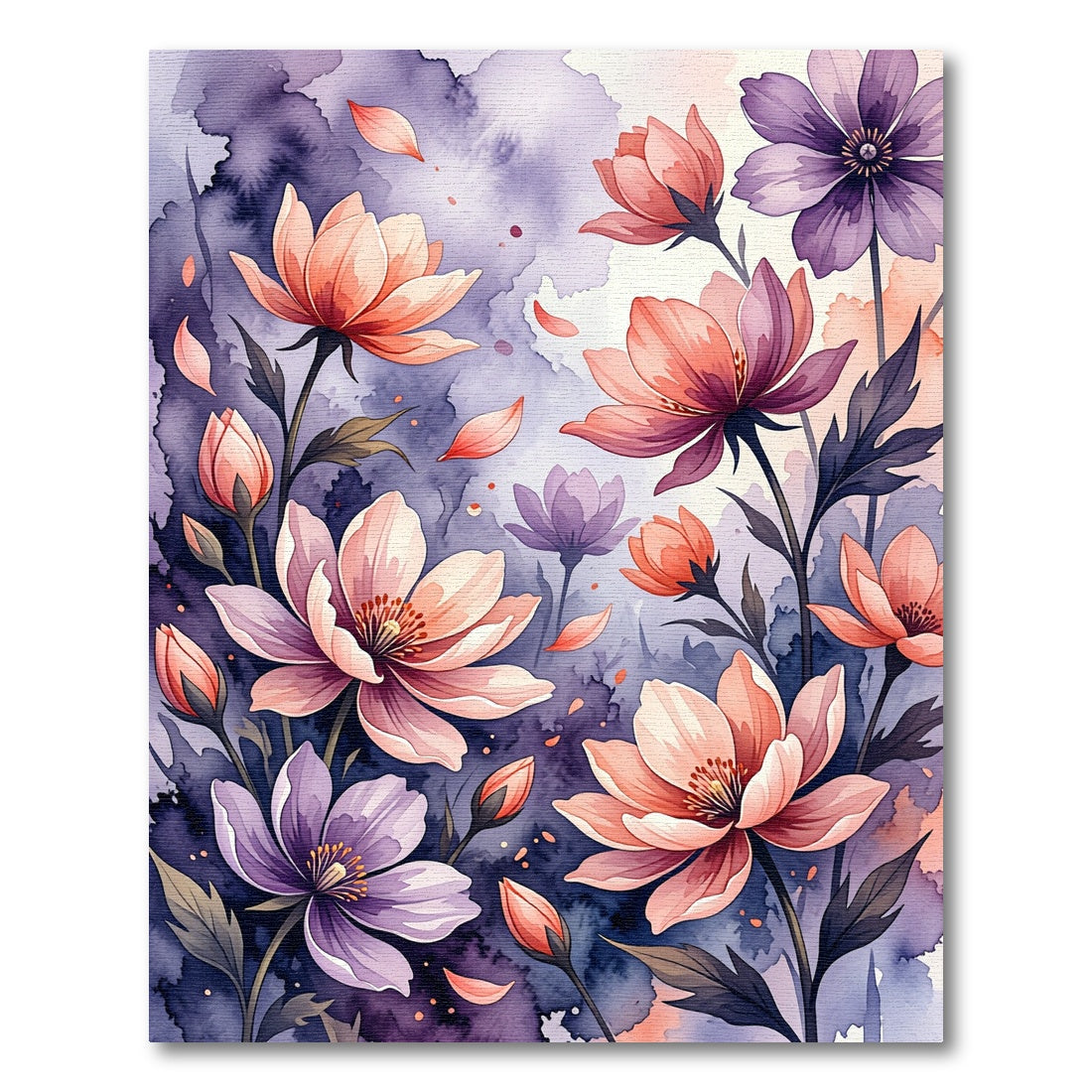 Watercolor Purple and Peach Floral Garden Rug