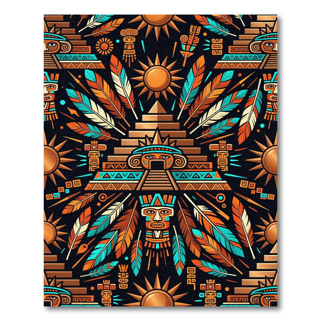Aztec Sun Feather Gold Teal Art Rug