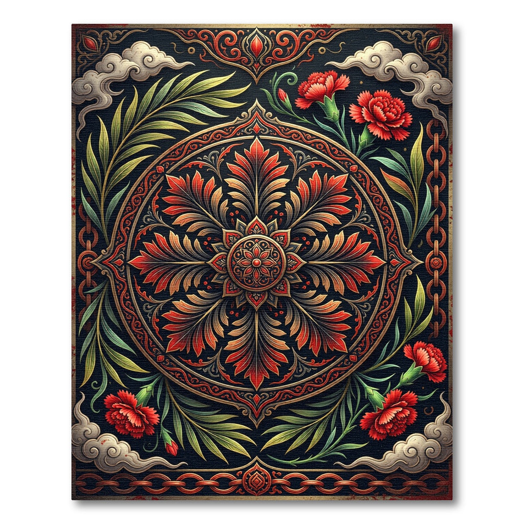 Crimson Floral Ornate Botanical Medallion Rug