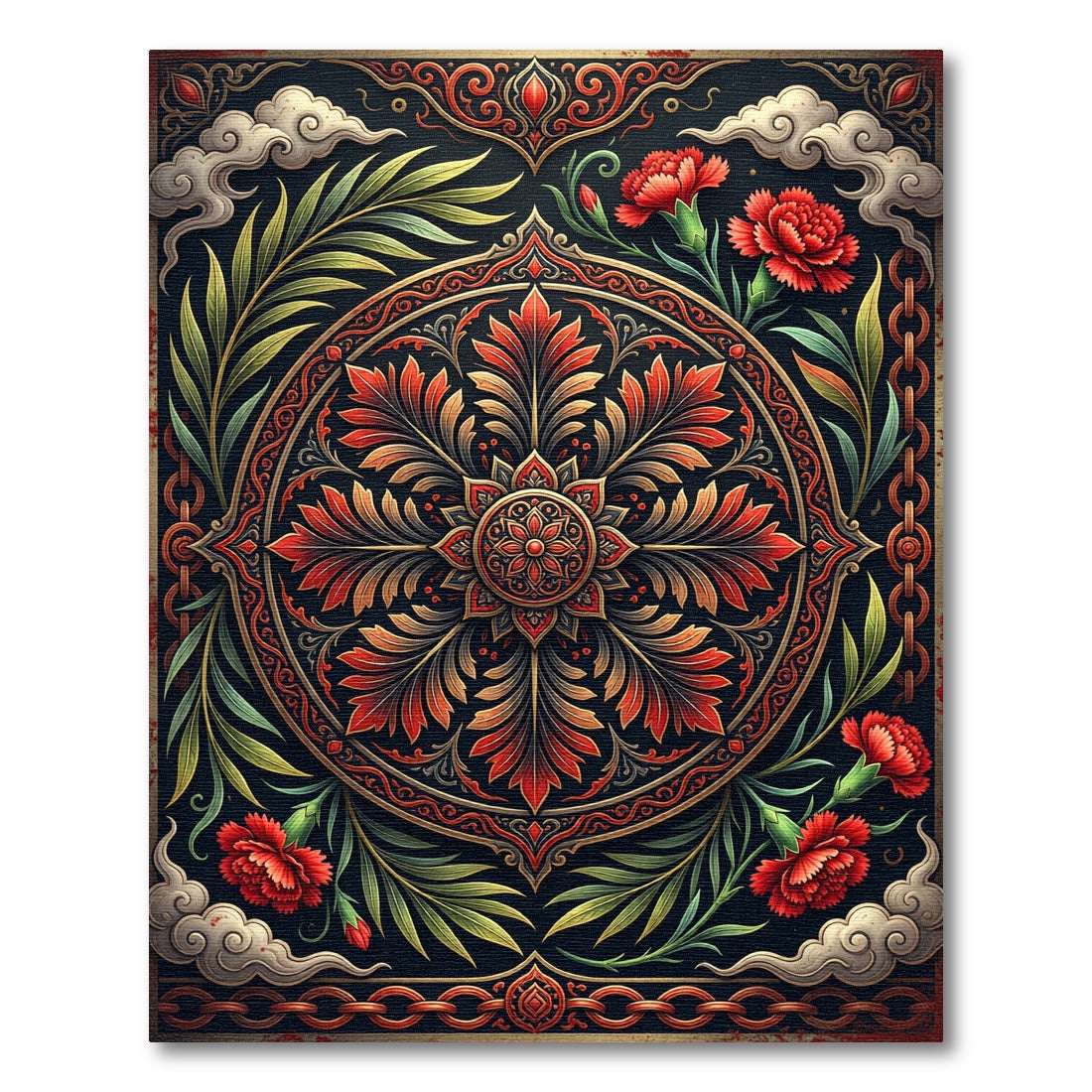 Crimson Floral Ornate Botanical Medallion Rug