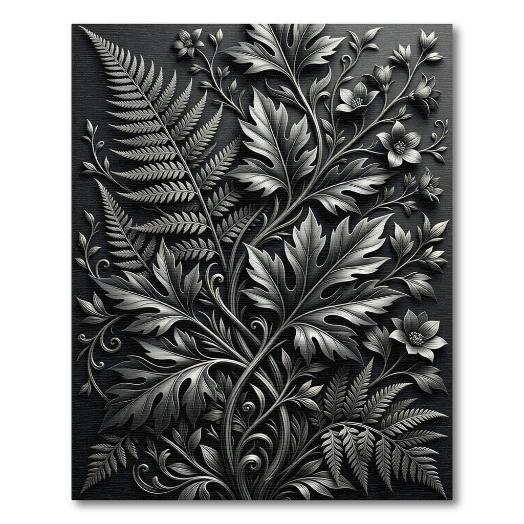 Ornate Black Fern Flowers Vines Rug