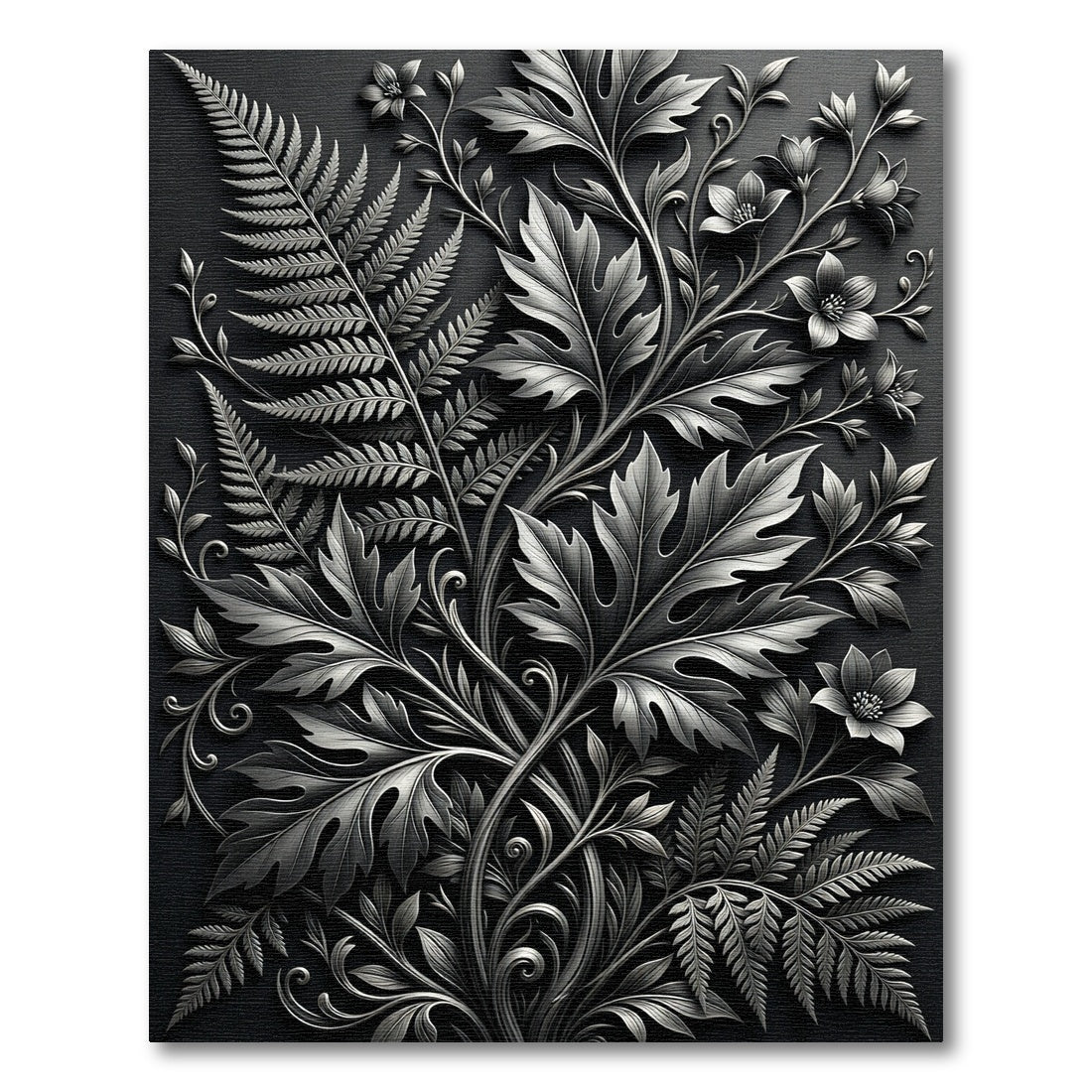 Ornate Black Fern Flowers Vines Rug