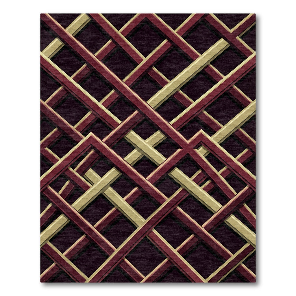 Geometric Deep Crimson and Gold Interlocking Grid Rug