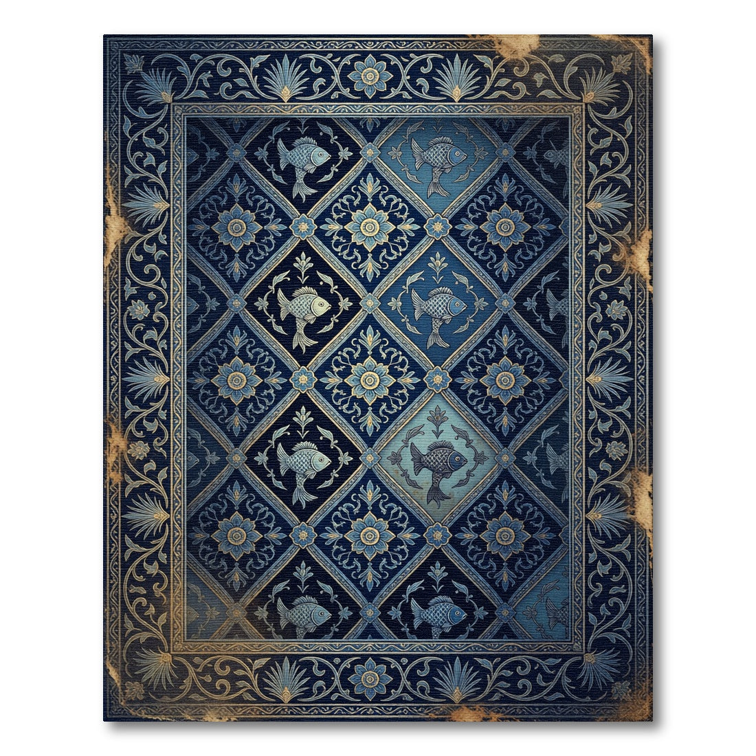 Navy Aquatic Koi Floral Tile Rug