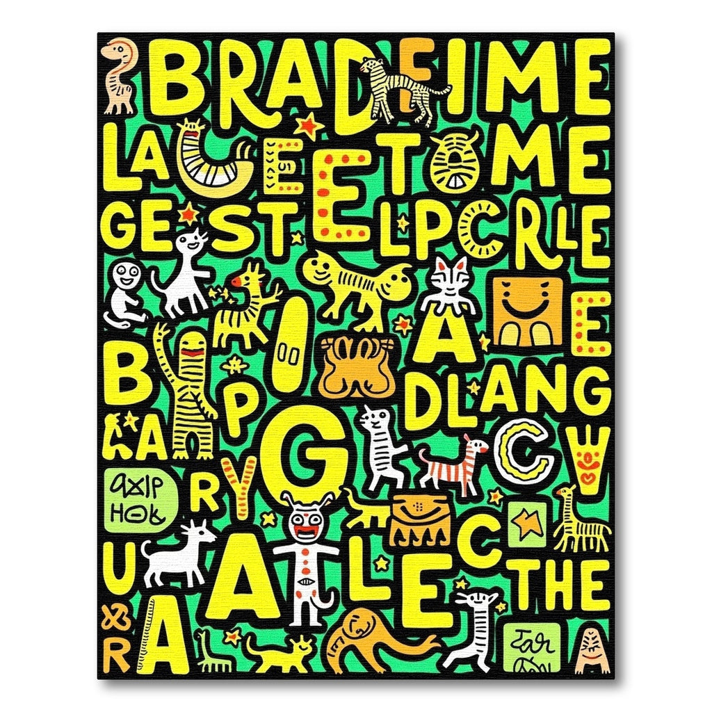 Vibrant Yellow Doodle Animals Alphabet Rug