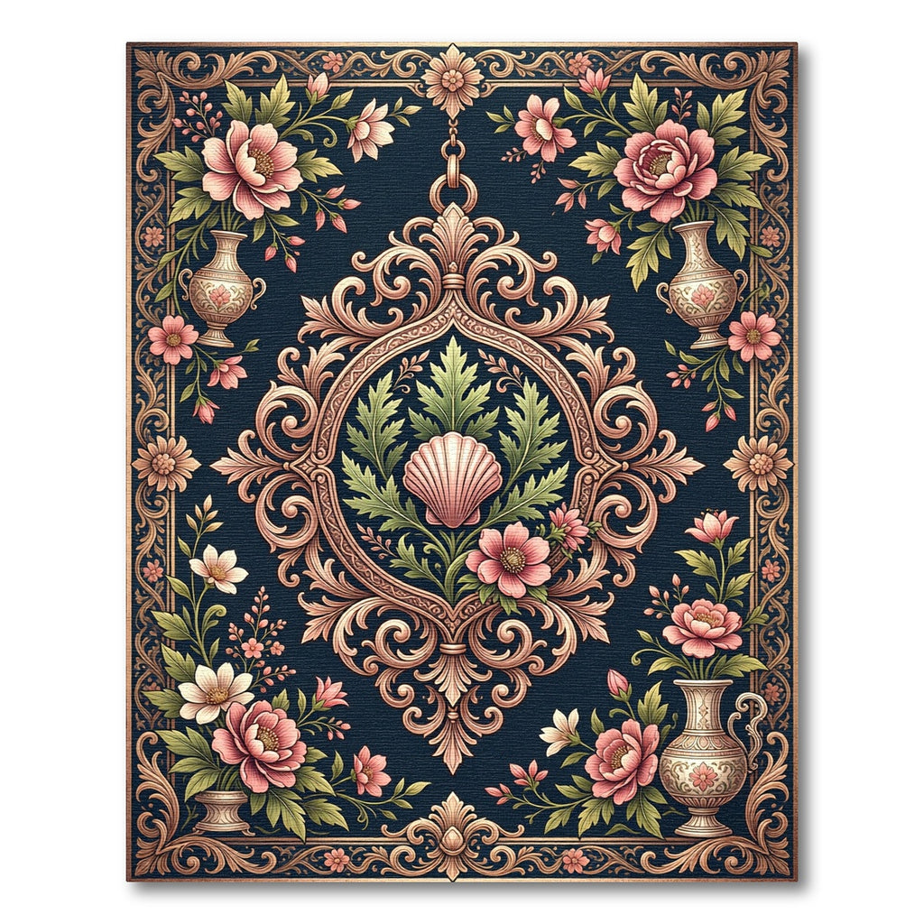 Ornate Pink Floral Damask Teal Rug