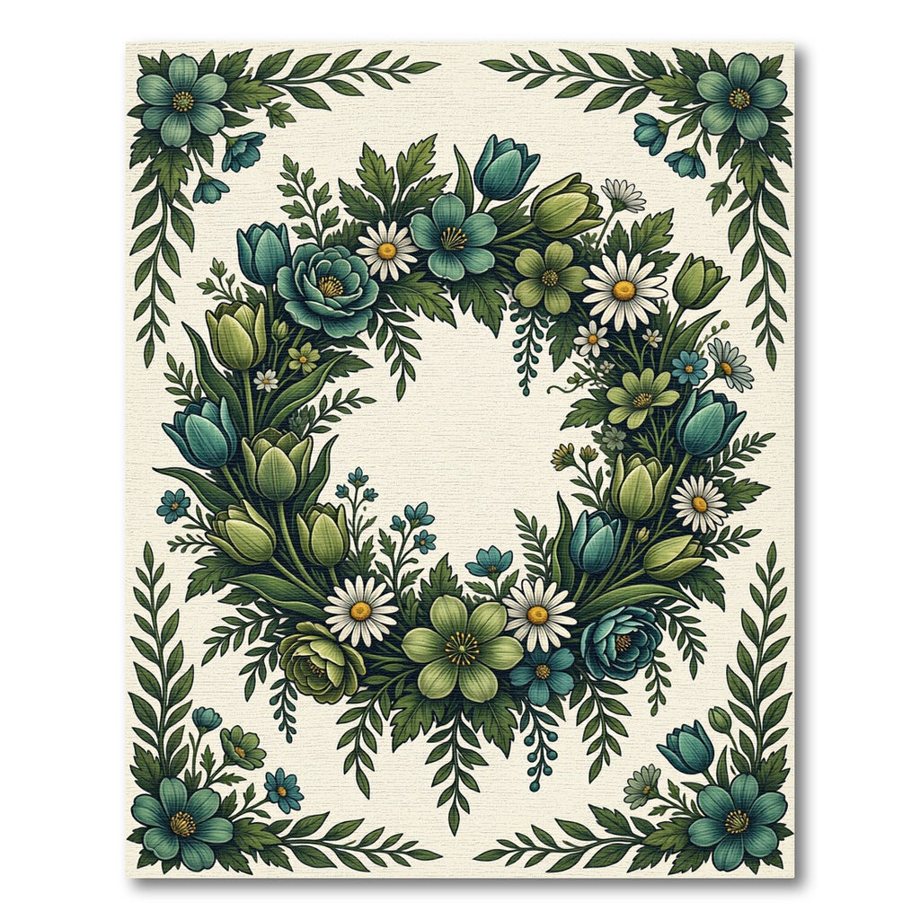 Botanical Blue and Green Floral Wreath Rug