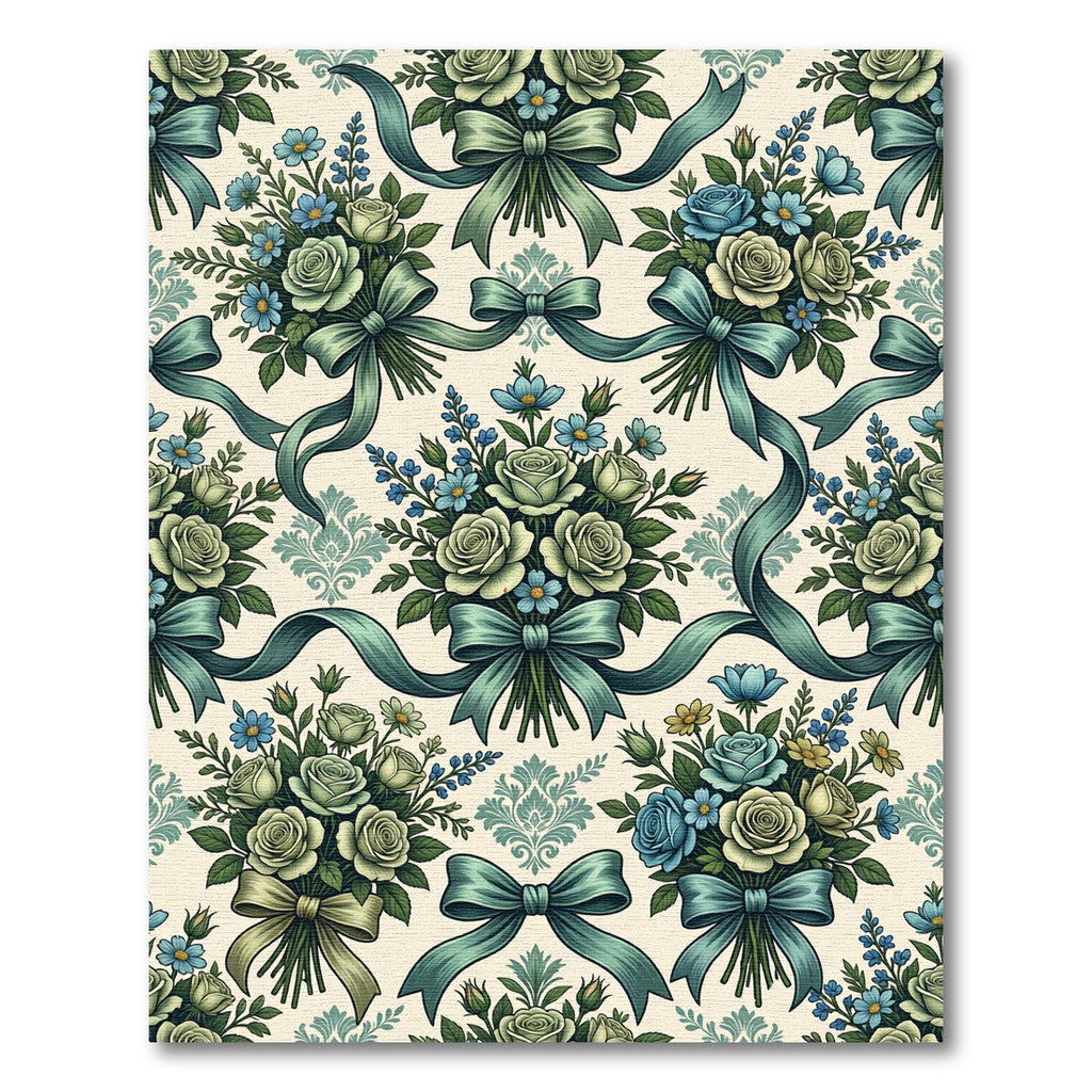 Cream and Teal Floral Ribbon Arrangement Rug
