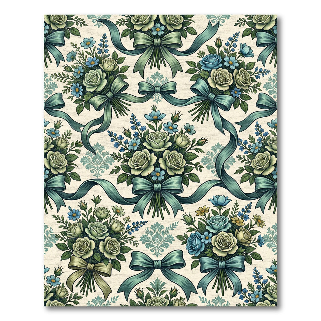Cream and Teal Floral Ribbon Arrangement Rug