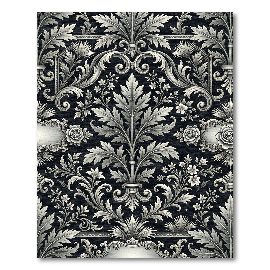 Elegant Black Floral Scrollwork Rug