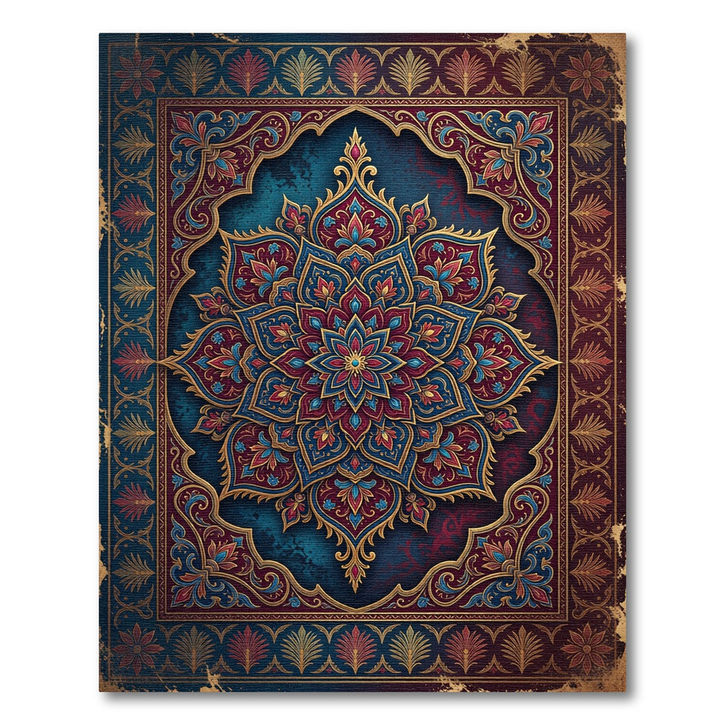 Crimson Blue Golden Medallion Frame Rug