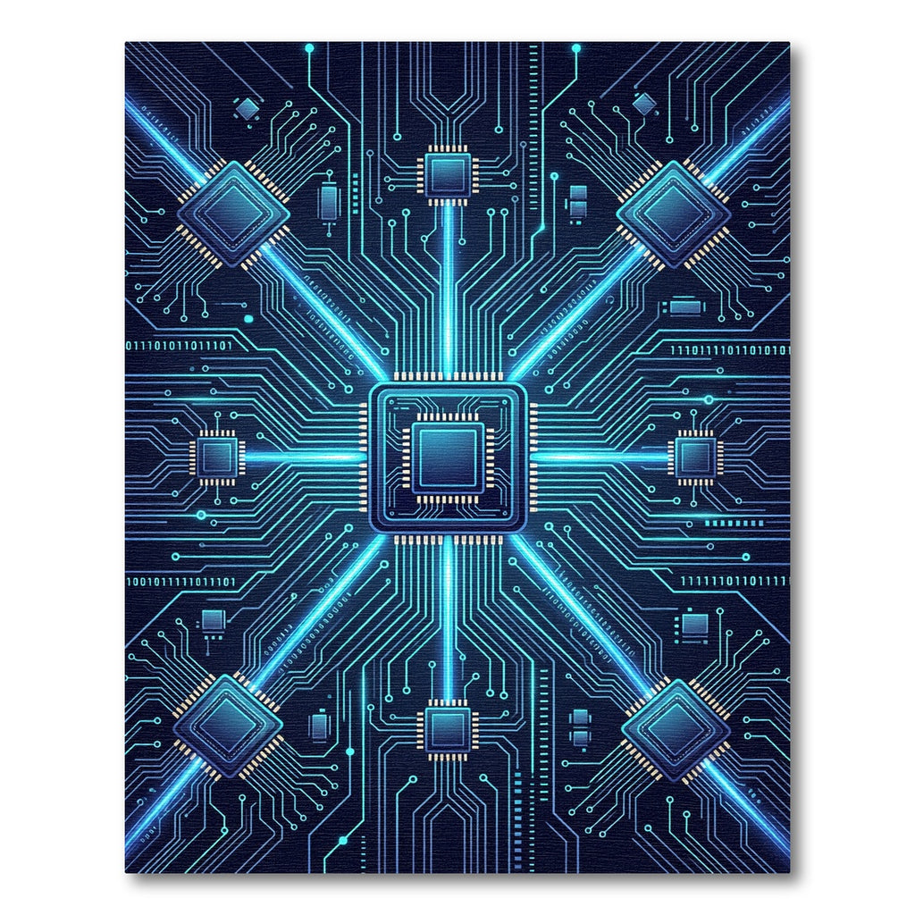 Neon Blue Cybernetic Circuit Grid Rug
