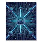 Neon Blue Cybernetic Circuit Grid Rug