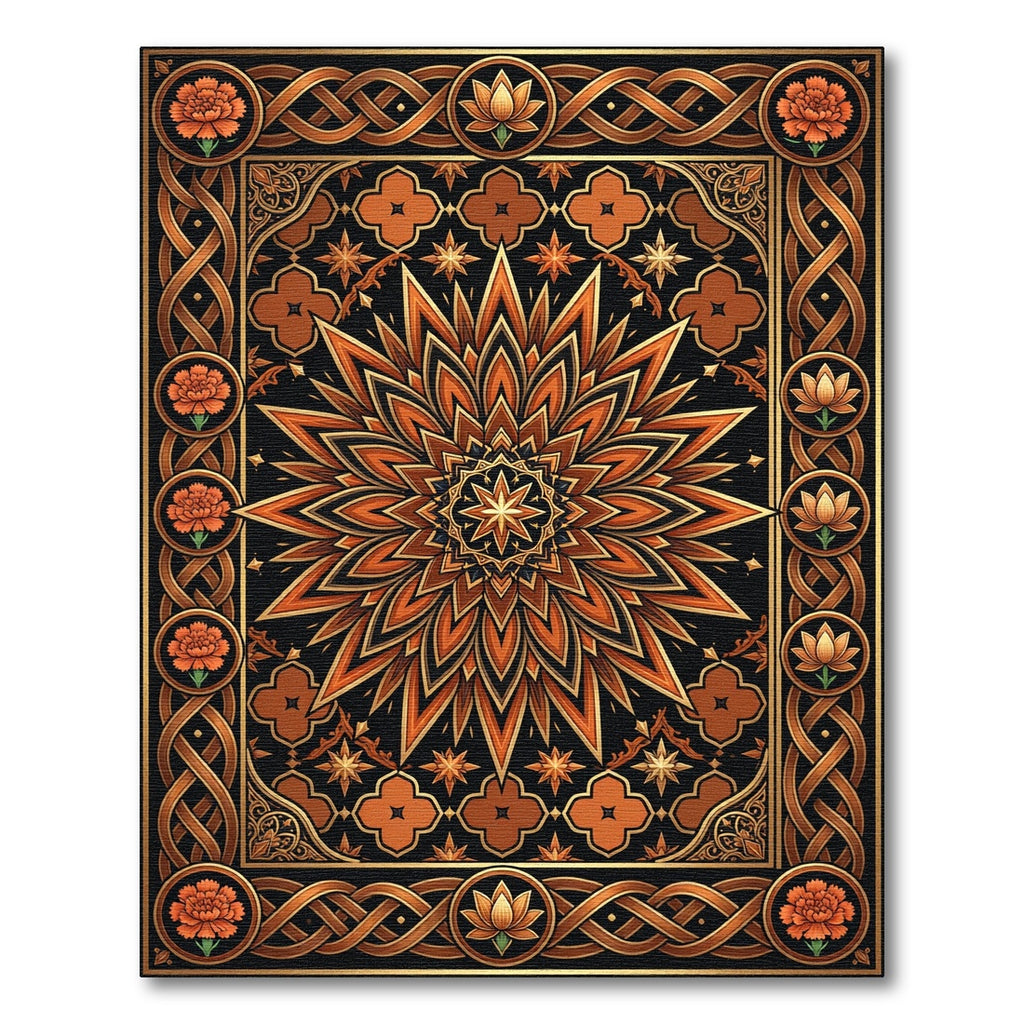 Golden Bronze Floral Geometric Medallion Rug