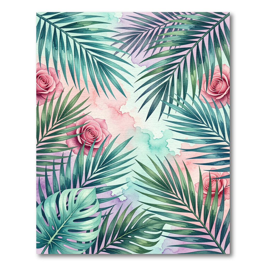 Watercolor Pastel Rose and Tropical Leaf Rug