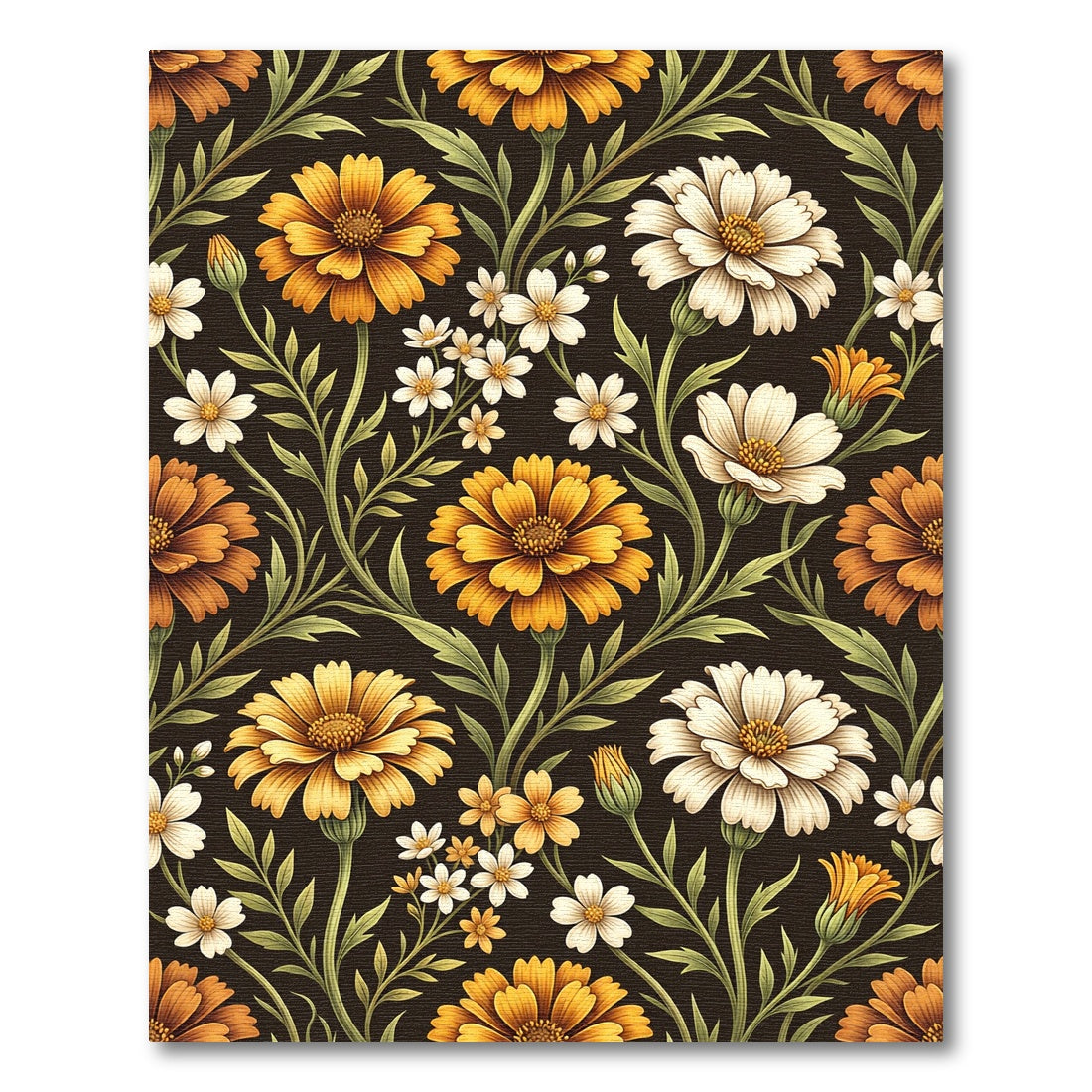 Golden Marigold Floral Botanical Dark Backdrop Rug