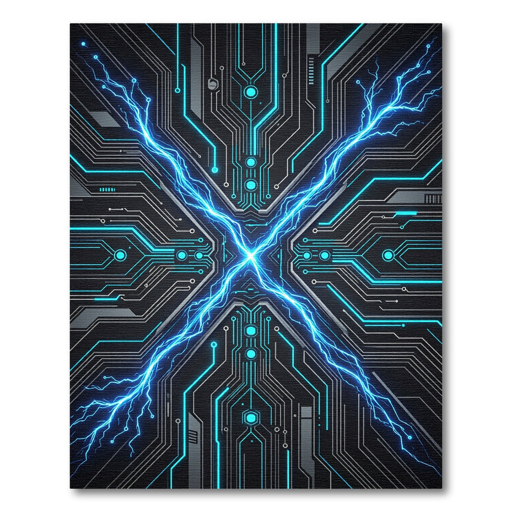 Electric Blue Cybernetic Circuit Grid Rug