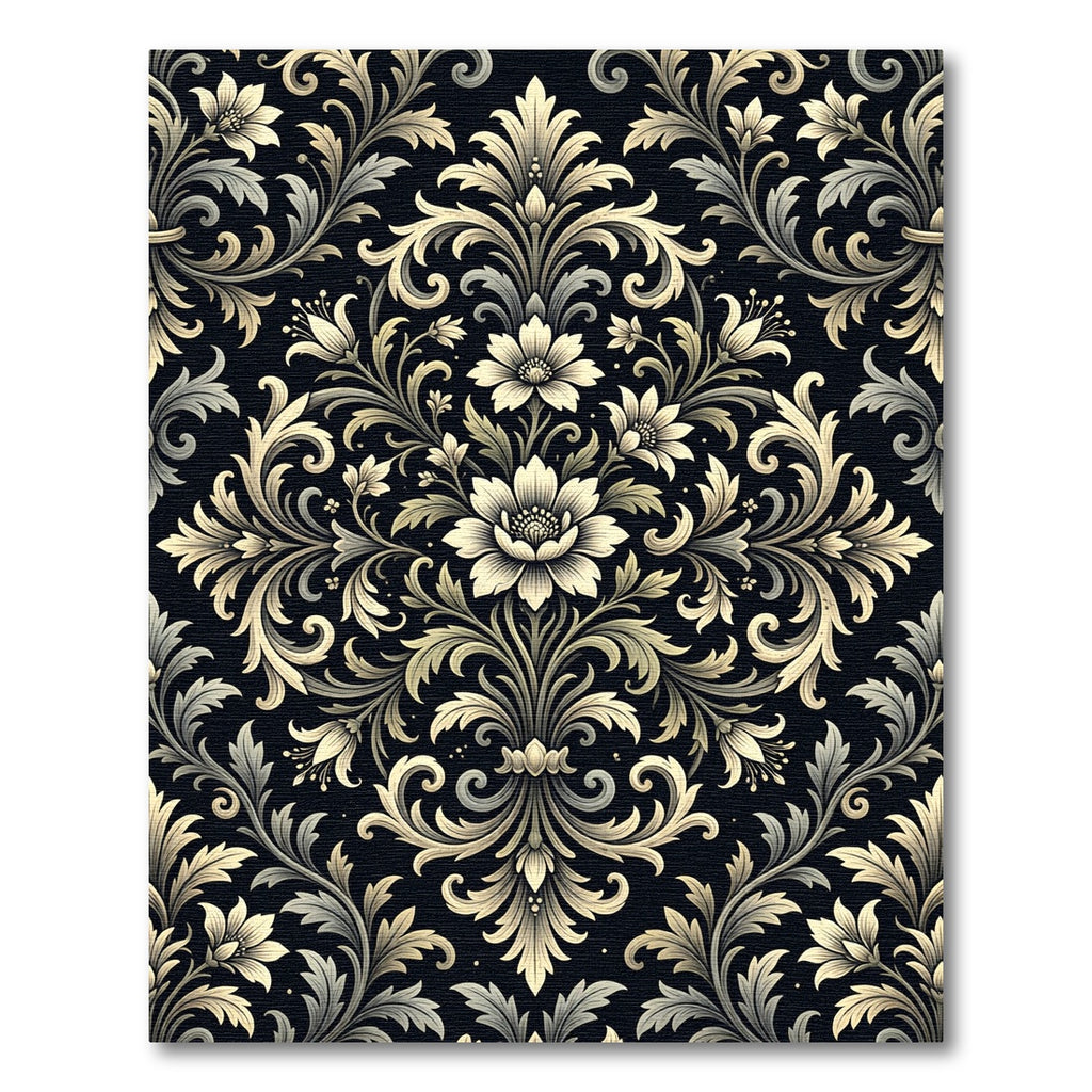 Elegant Cream Floral Damask Black Backdrop Rug