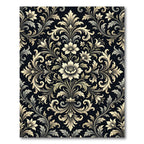 Elegant Cream Floral Damask Black Backdrop Rug