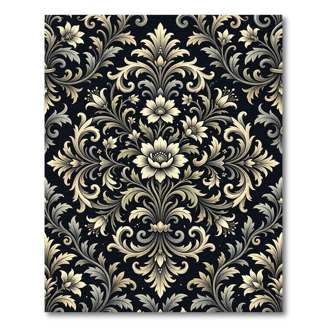 Elegant Cream Floral Damask Black Backdrop Rug
