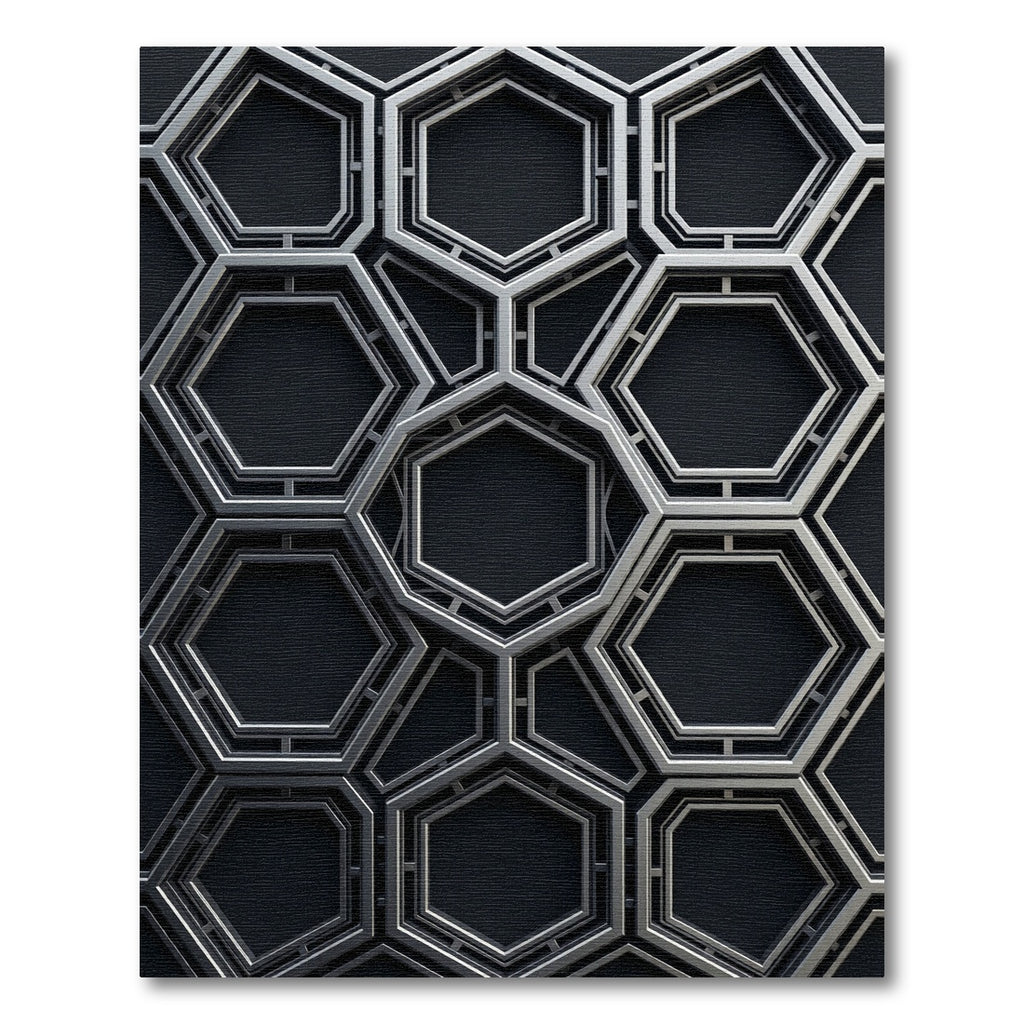 Modern Metallic Black Silver Hexagonal Geometry Rug