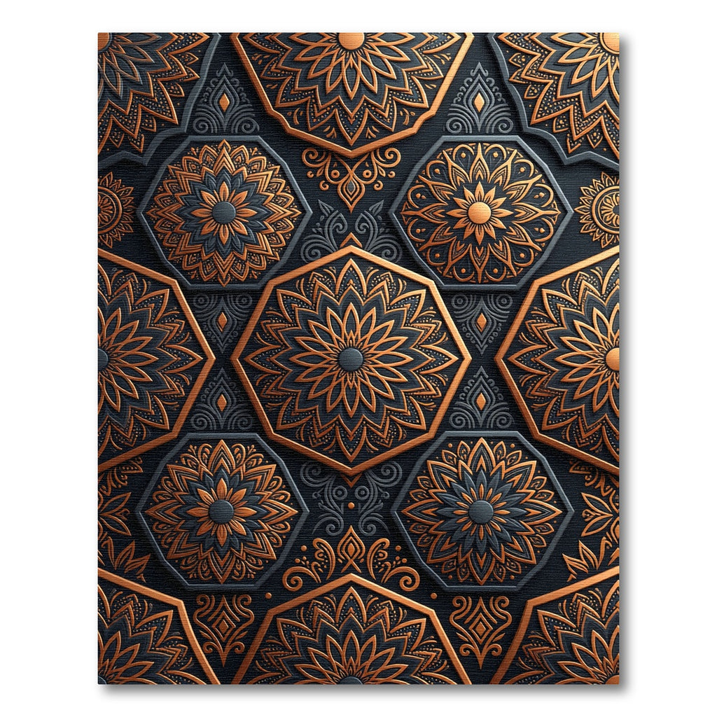 Dark Orange Hexagonal Medallion Inlay Rug