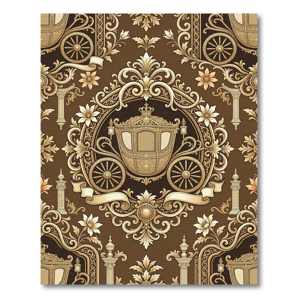 Golden Baroque Carriage and Floral Damask Rug