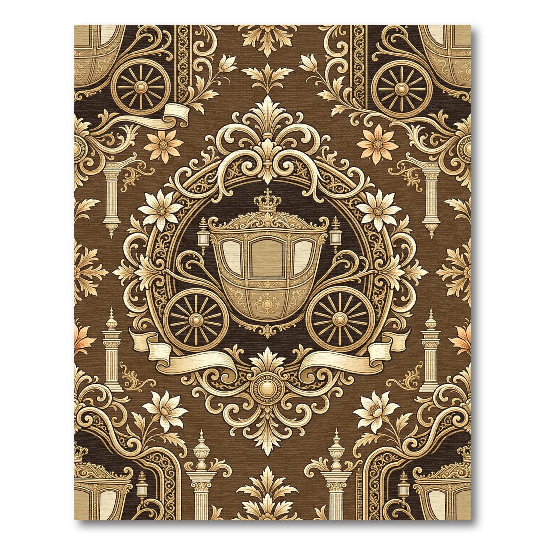 Golden Baroque Carriage and Floral Damask Rug