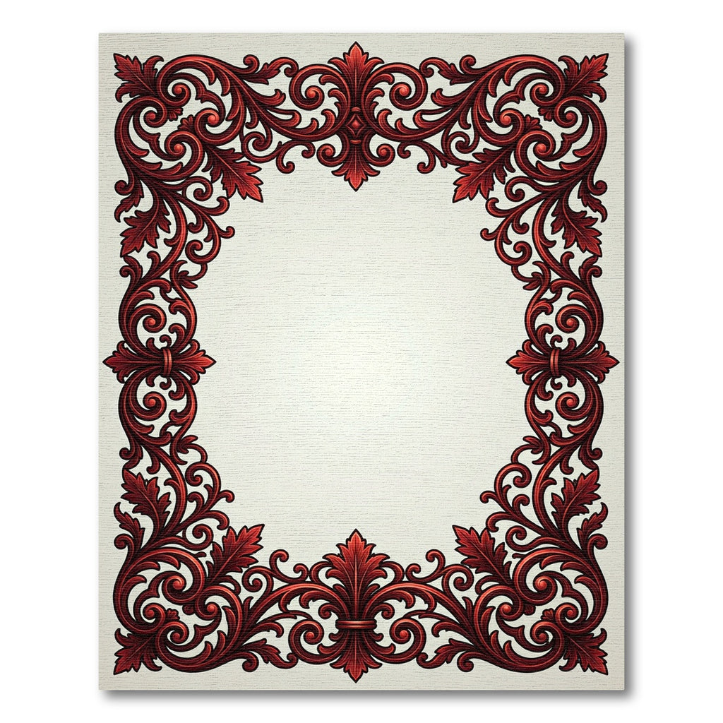 Ornate Crimson Baroque Scroll Border Rug