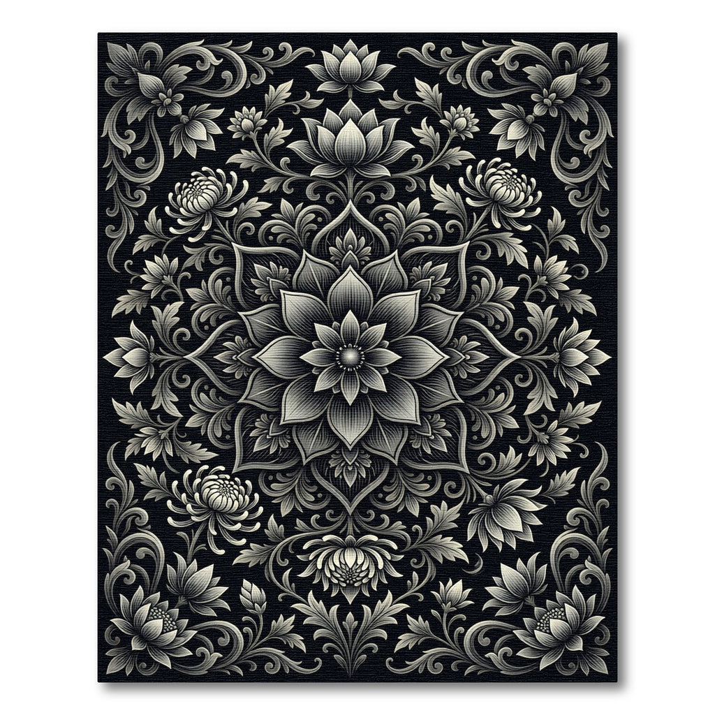 Ornate Black Bloom Mandala Rug