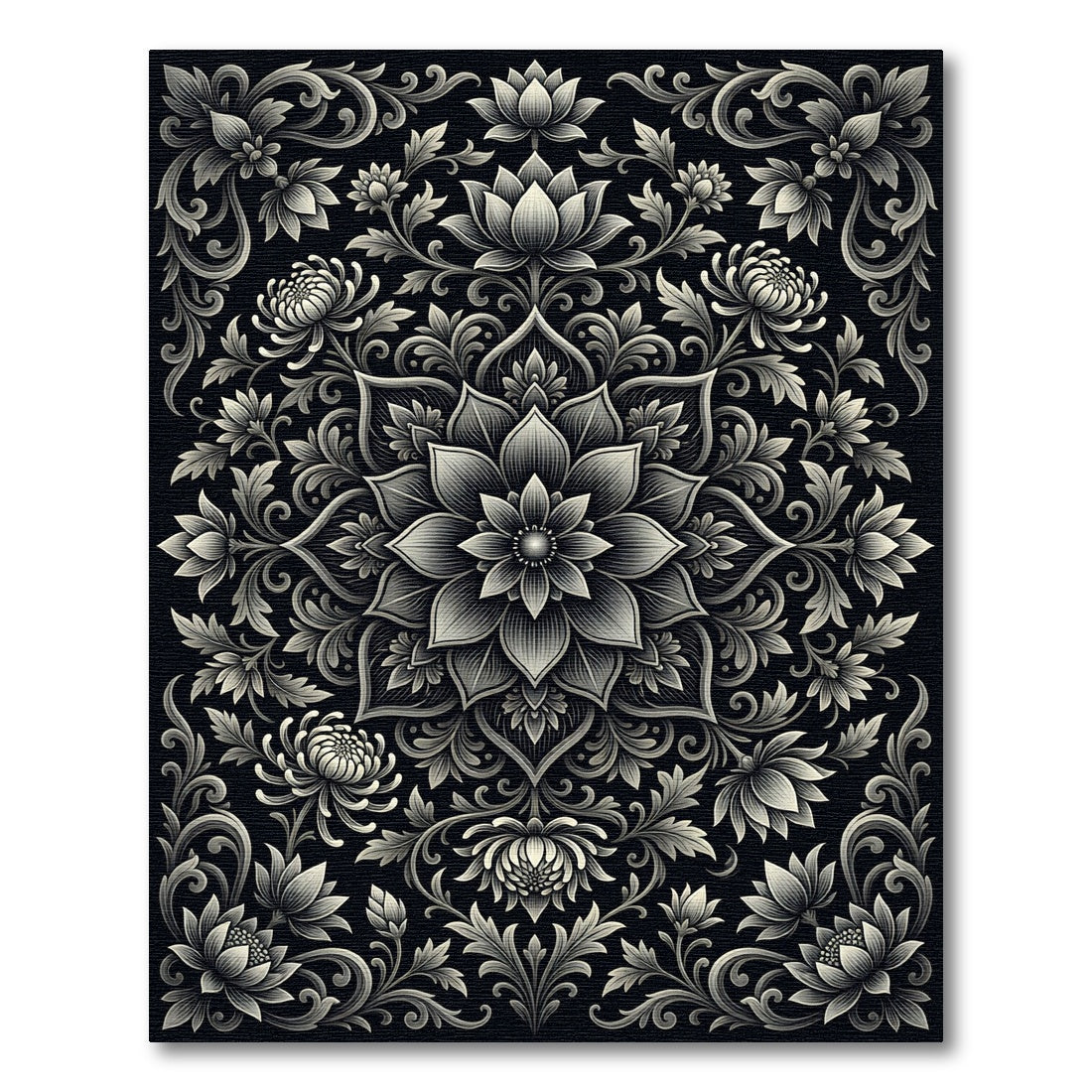 Ornate Black Bloom Mandala Rug