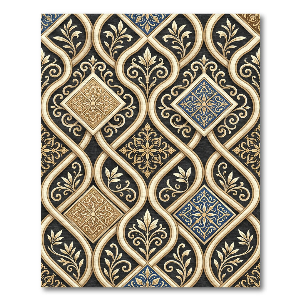 Elegant Gold and Blue Damask Interlace Rug