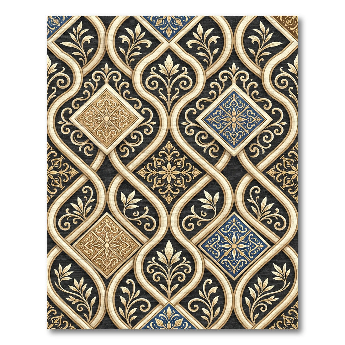 Elegant Gold and Blue Damask Interlace Rug