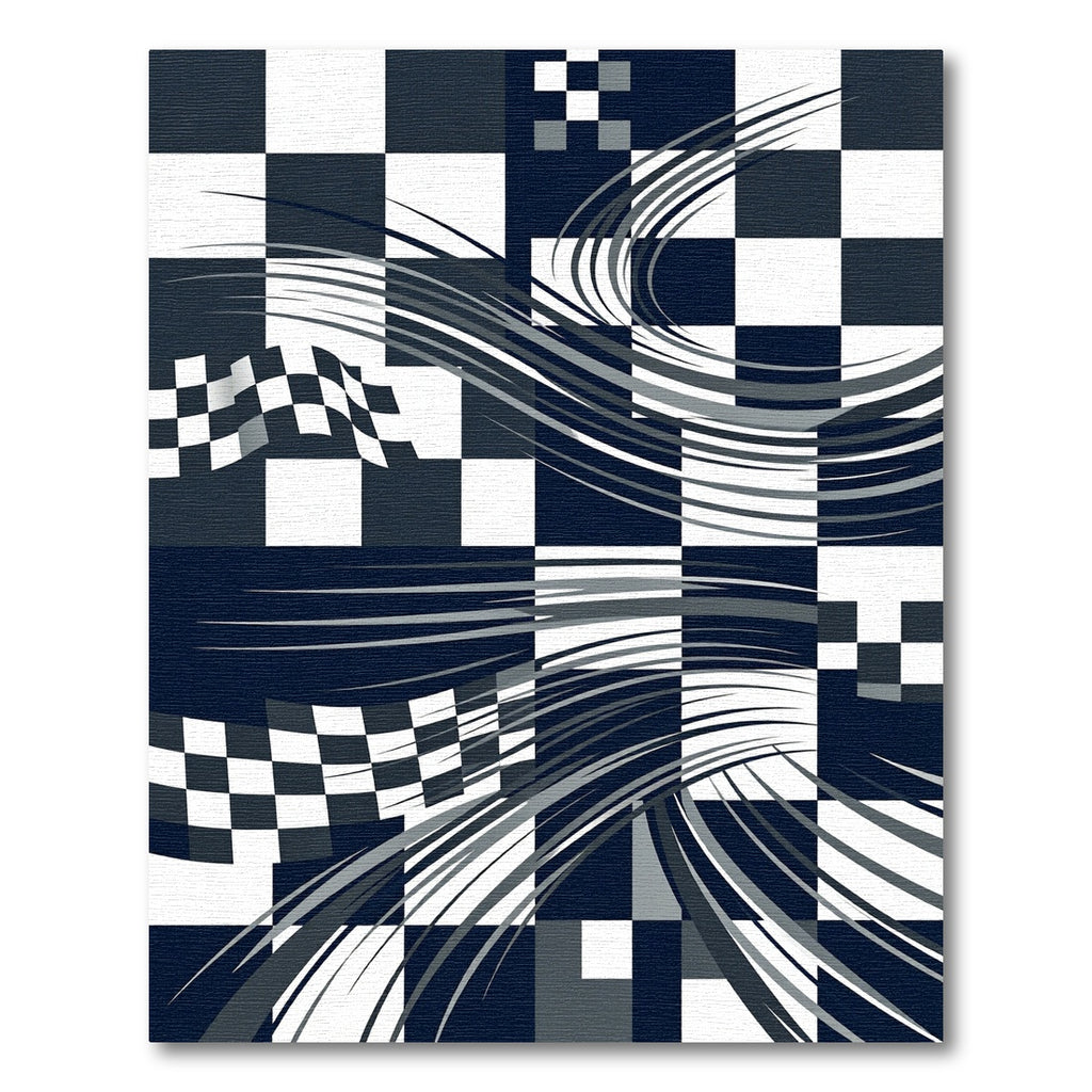 Monochrome Geometric Checkerboard Dynamic Wave Rug