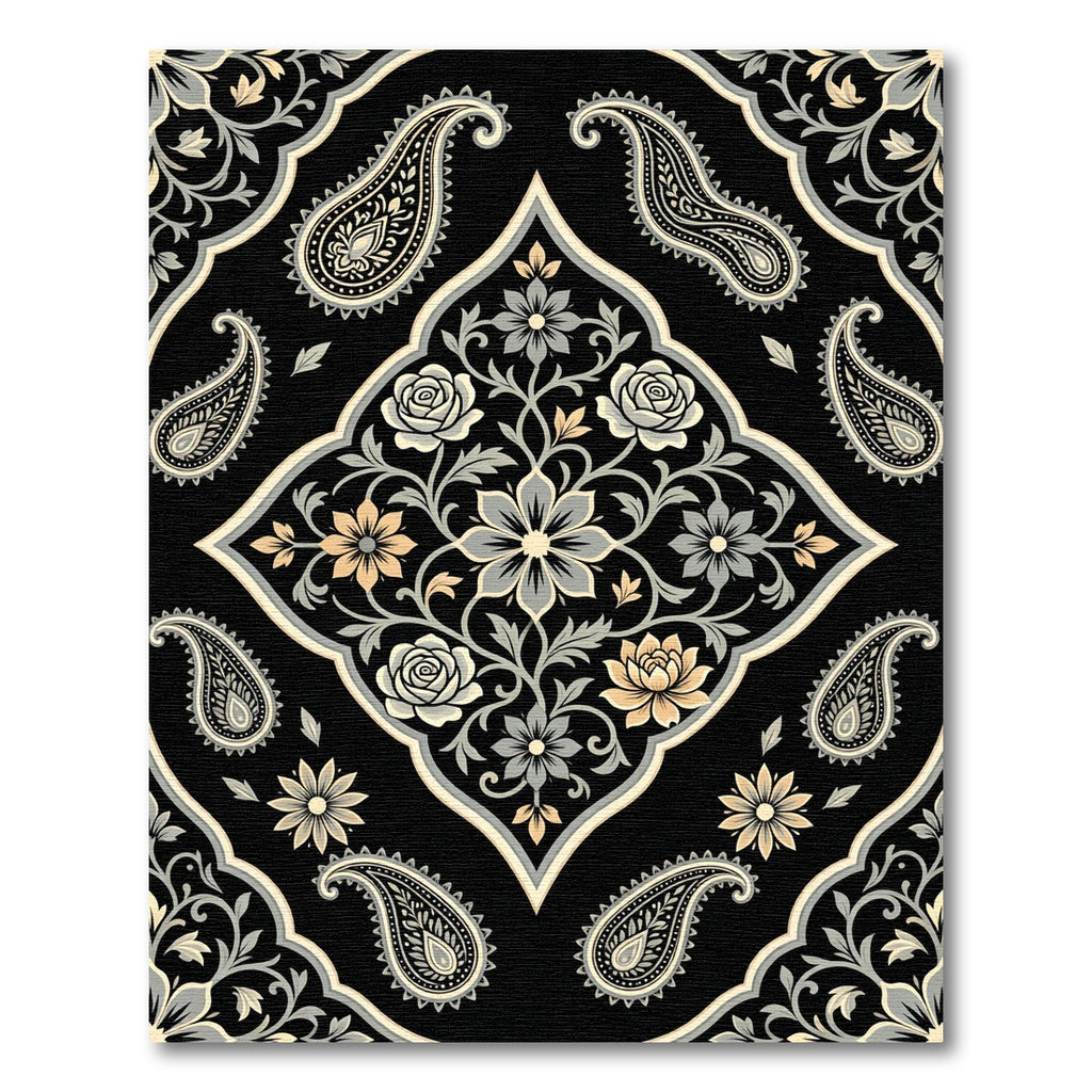 Elegant Black Gold Floral Paisley Medallion Rug