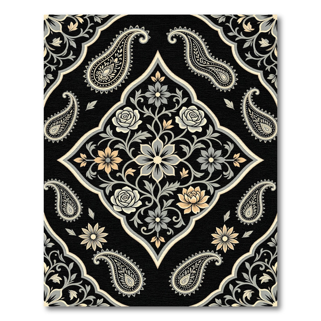 Elegant Black Gold Floral Paisley Medallion Rug