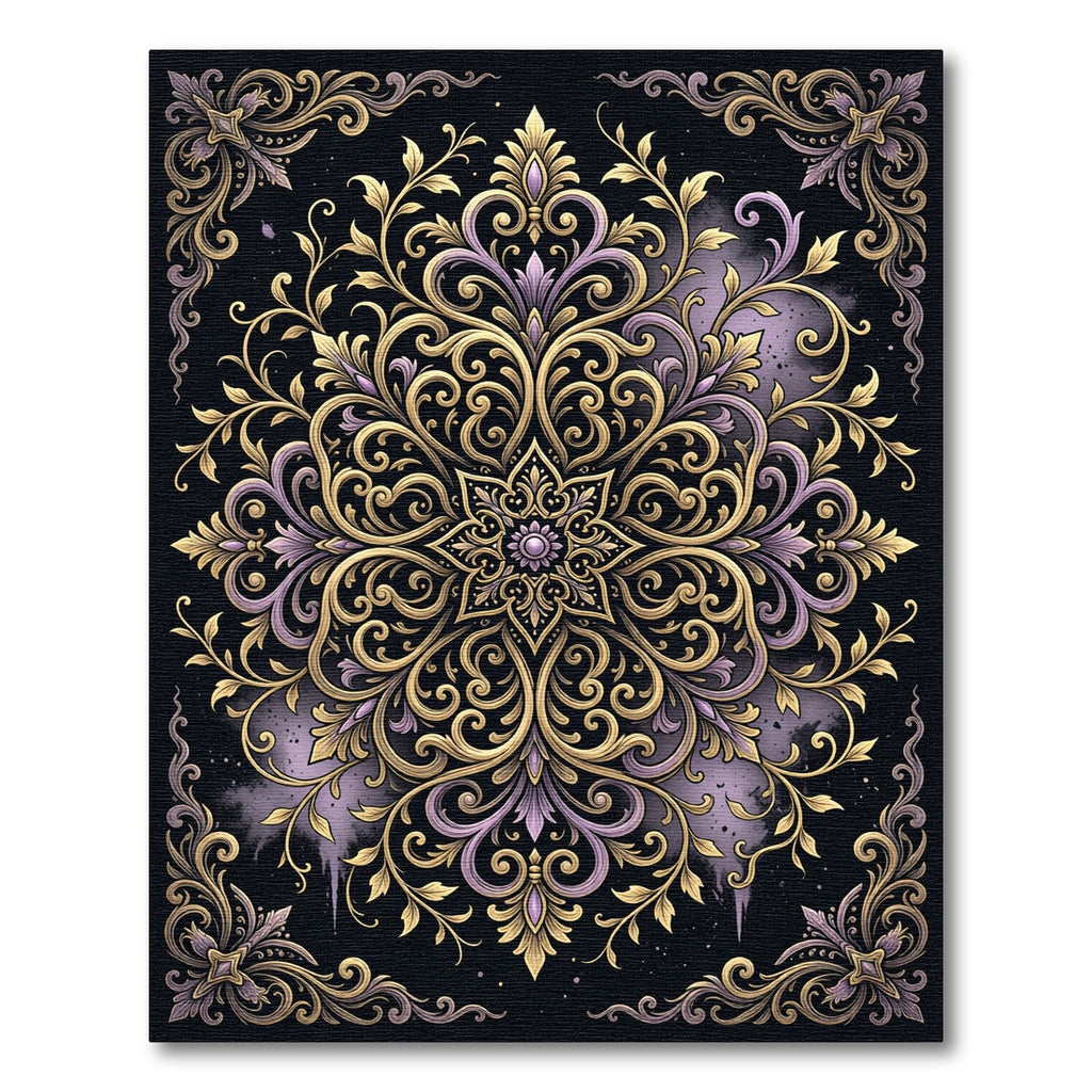 Elegant Gold and Lavender Floral Mandala Rug