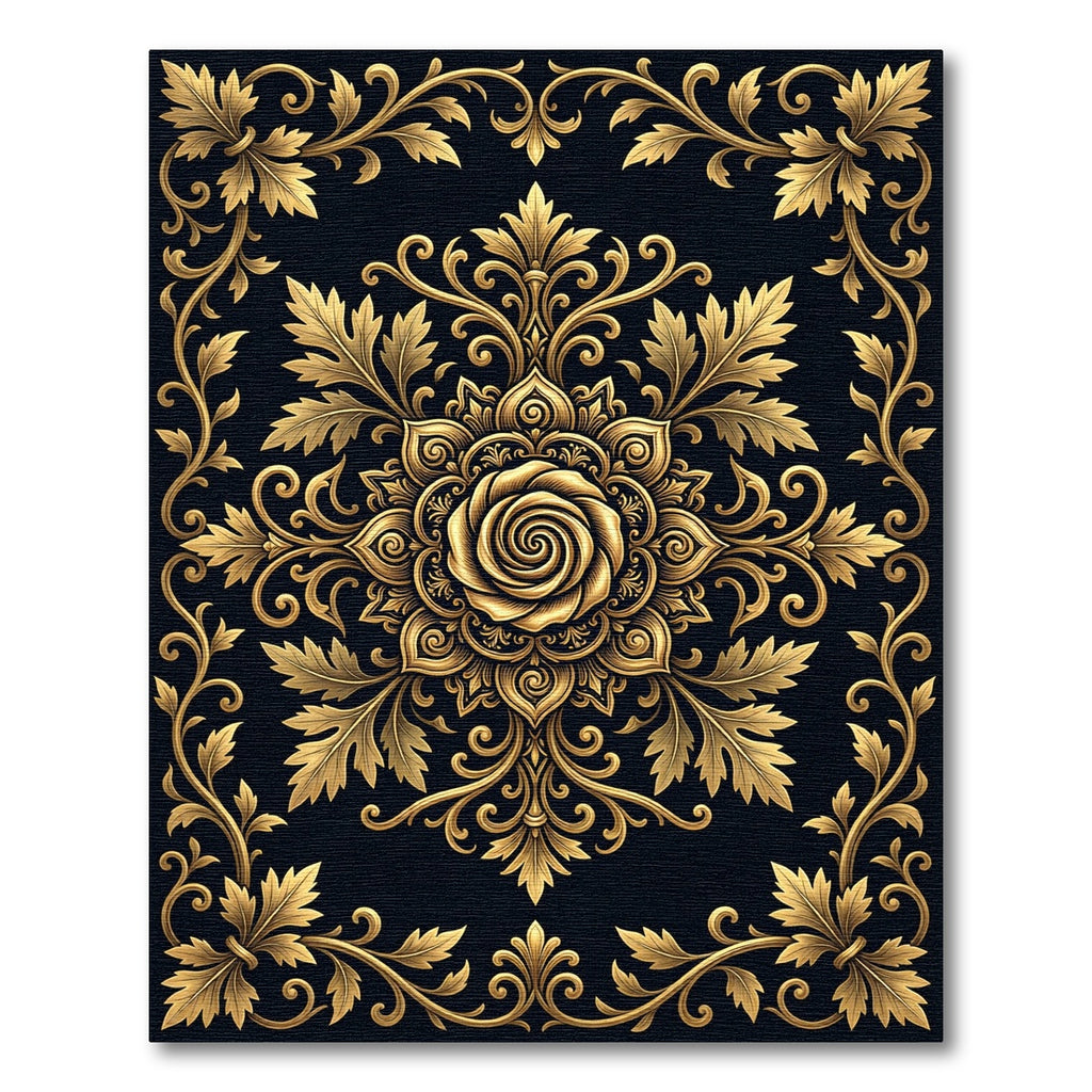 Ornate Gold Floral Rose Medallion Rug