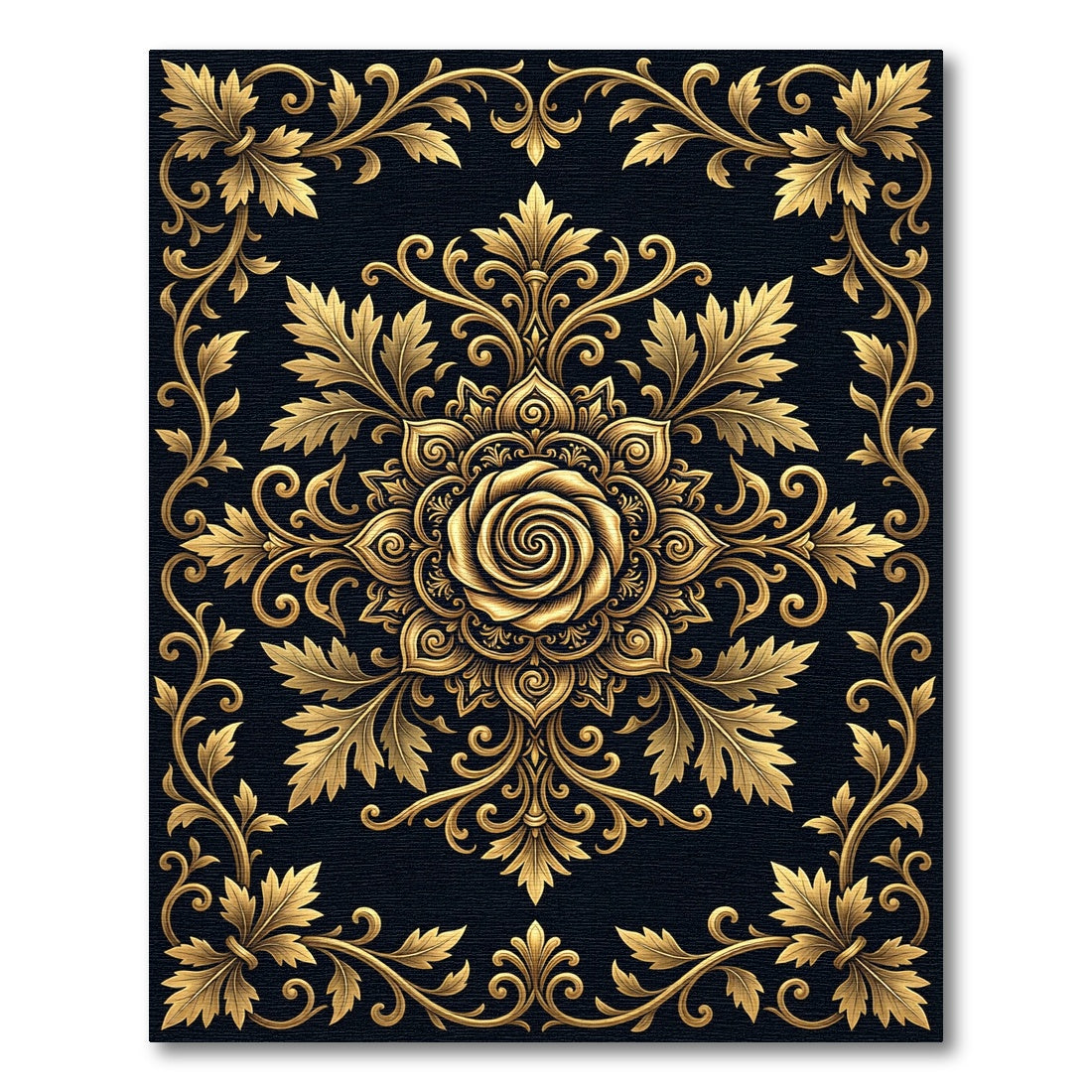 Ornate Gold Floral Rose Medallion Rug