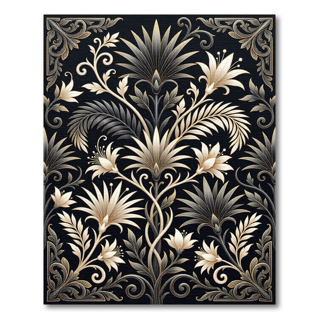 Elegant Gold and Charcoal Botanical Crest Rug