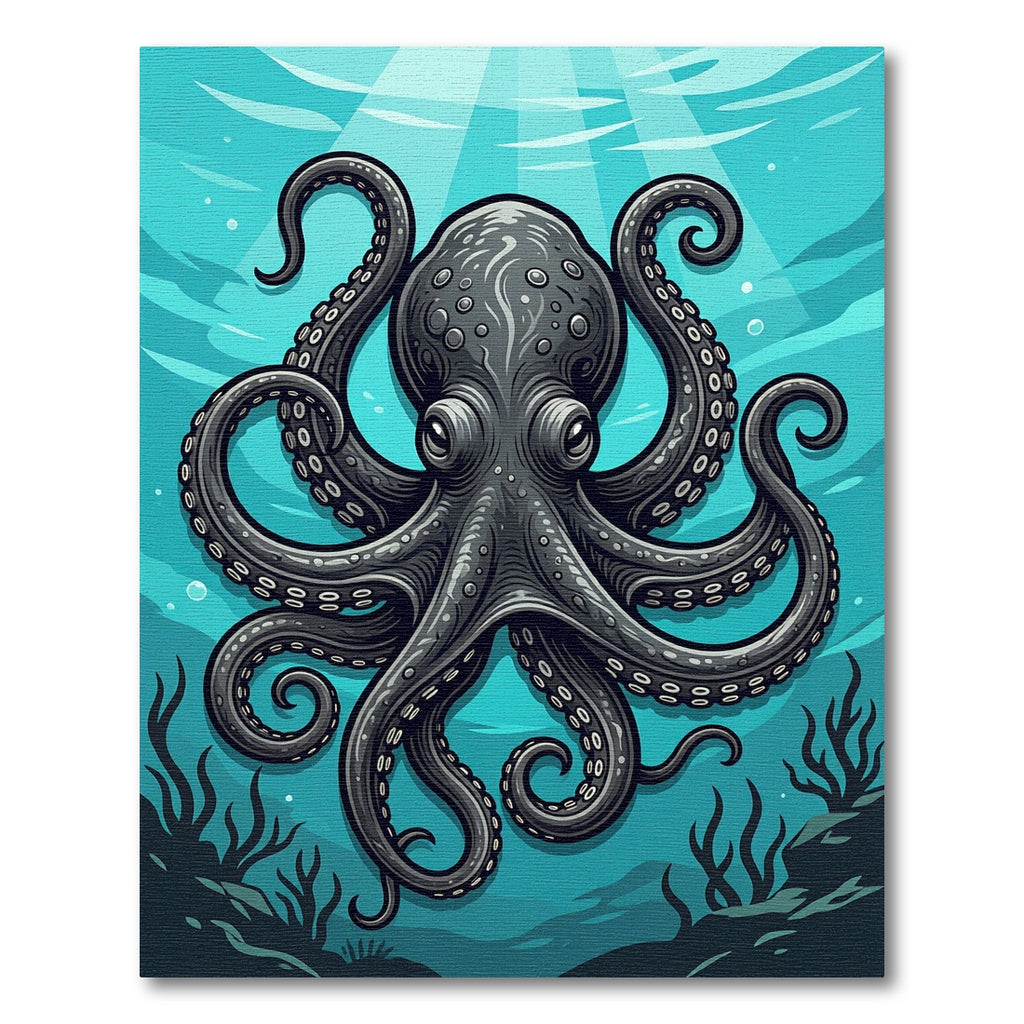 Detailed Dark Gray Octopus Underwater Illustration Rug
